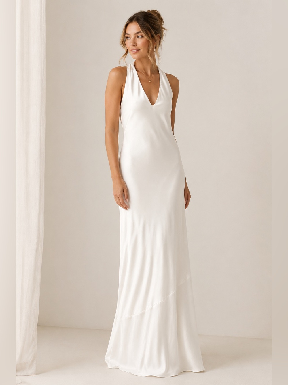 Show Me Your Mumu Ivory Luxe Satin Halter Maxi Dress Gown L